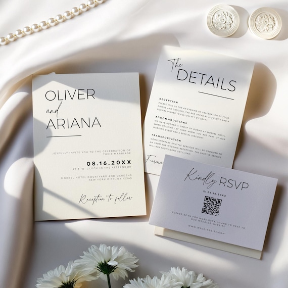 Editable Wedding Invitation Bundle, Qr Code, Minimal Invitation Template Set, Modern Invite Suite, Elegant Online Rsvp, Details Card, Canva