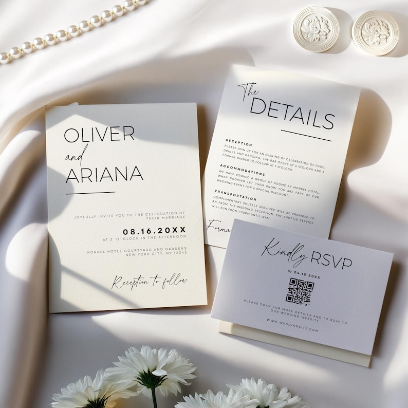 May include: A minimalist wedding invitation suite with a white background and black text. The invitation features the names "Oliver and Ariana" and the date "08.16.20XX". The details card includes information about the reception, accommodation, transportation, and RSVP details. The RSVP card has a QR code for guests to scan for more information.