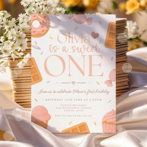 Sweet One Birthday Invite, Girls First Birthday Invitation, for Girls, She&#39;s a Sweet One, 1st Birthday Invitation, Canva Editable Template
