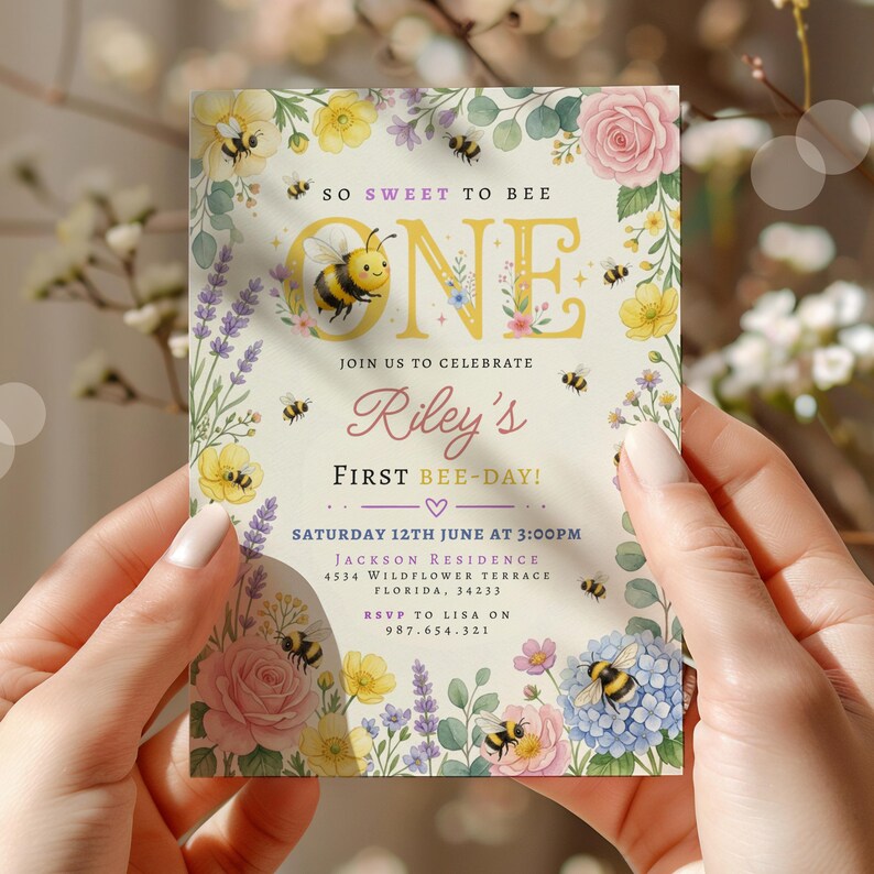 May include: A floral-themed invitation with the text "SO SWEET TO BEE ONE" and "Riley's First Bee-Day!" features illustrations of bees, flowers, and greenery. The invitation includes event details and RSVP information.