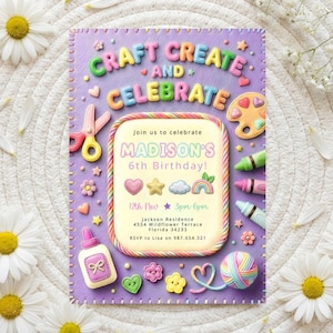 Plantilla de invitación para fiesta de cumpleaños con temática de manualidades y manualidades para niñas en tonos pastel. imagen 2