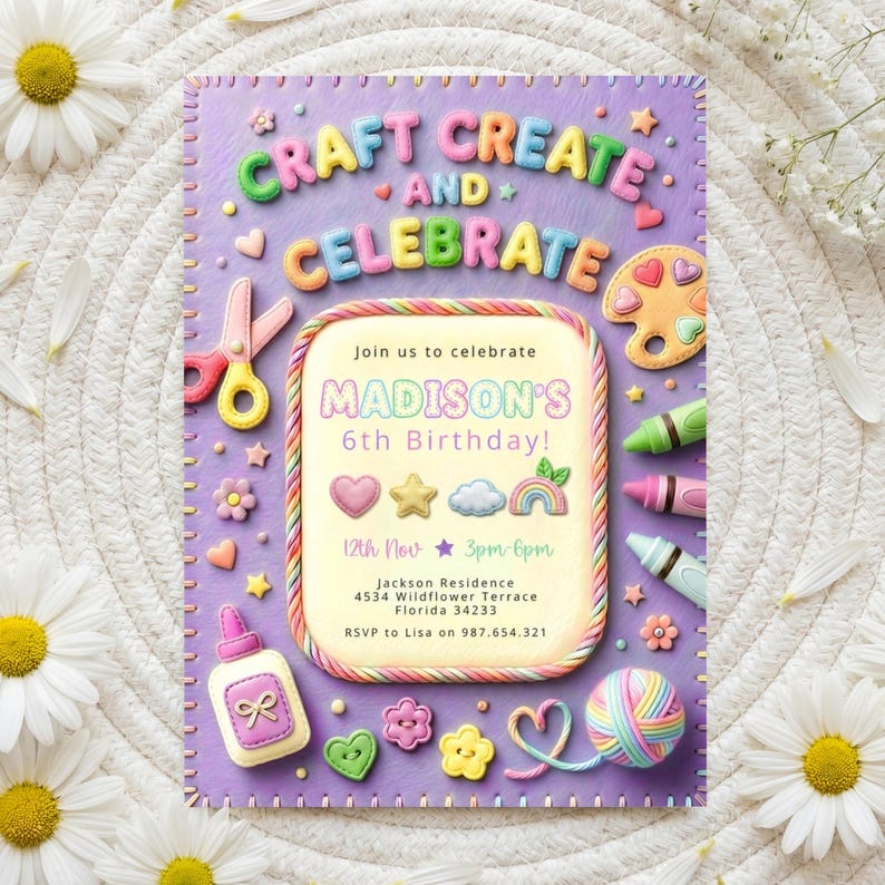 Plantilla de invitación para fiesta de cumpleaños con temática de manualidades y manualidades para niñas en tonos pastel. imagen 2