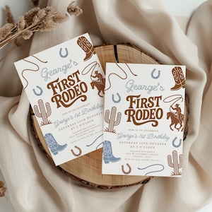 May include: Two invitations with a cowboy theme. The text reads "George's First Rodeo" in brown and blue. The invitations include illustrations of cowboy boots, horses, cacti, and horseshoes. The text also includes the date and time of the event.