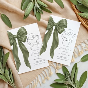 May include: Two white birthday party invitations with a large olive green bow design. The invitations read "Join us for a Birthday Party to celebrate Maddison's 30th Birthday".