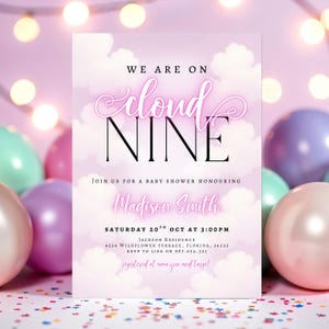Editable Cloud 9 Baby Shower Invitation, Pink Cloud Nine Baby Shower Invite, Girls Pink We&#39;re on Cloud Nine, Canva Instant Download Template