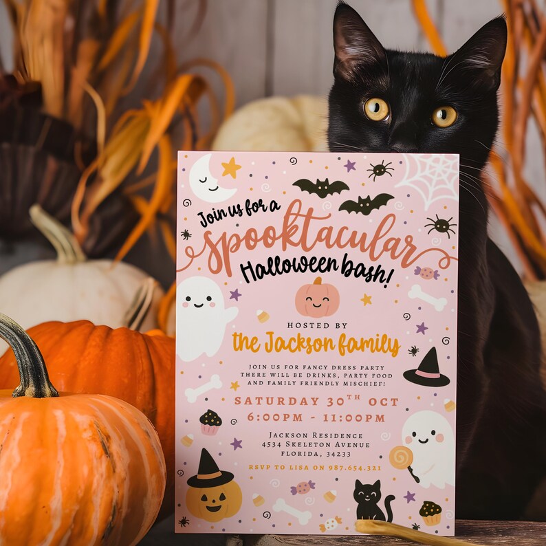 May include: A pink Halloween party invitation with the text "Join us for a Spooktacular Halloween bash!" featuring illustrations of ghosts, pumpkins, bats, and a black cat. Pumpkins and a black cat are in the background.