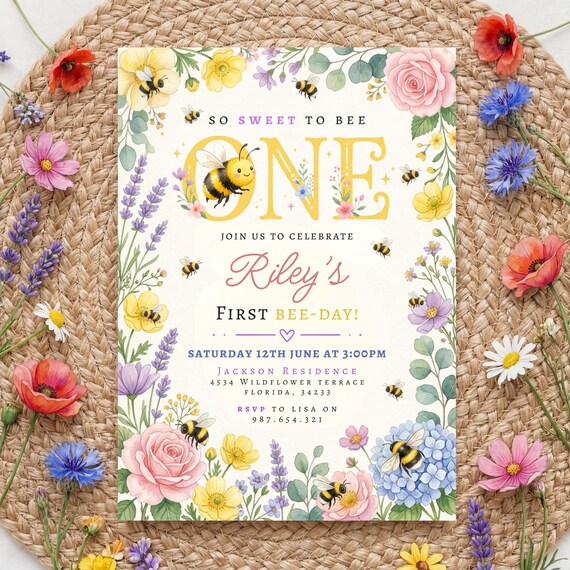1st Birthday Invitation Bee Theme Babies First Bumble Bee Invite Canva Editable Template
