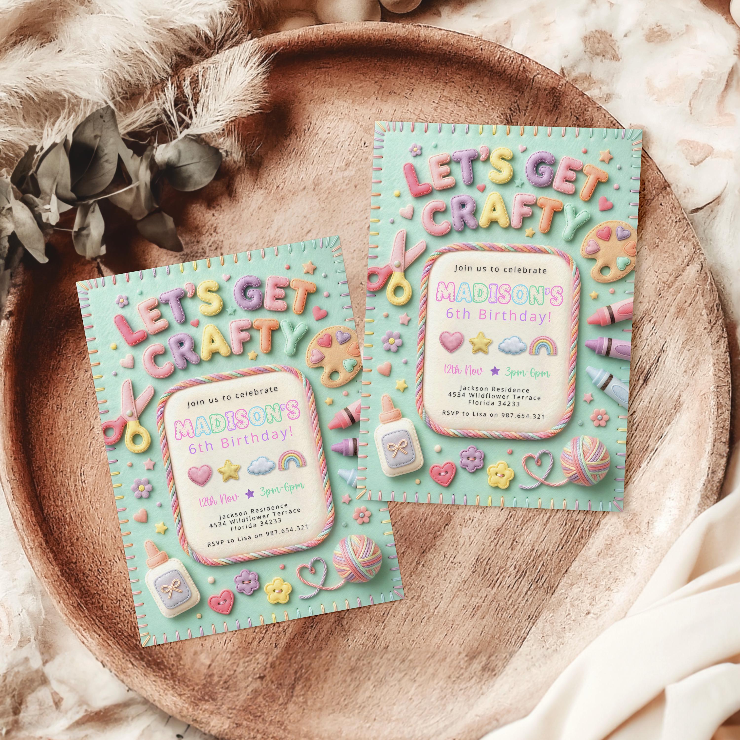 Let's Get Crafty Craft Party Invitation Arts and Crafts Girls Pastel ...