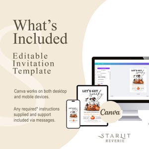 May include: A digital invitation template for Halloween, displayed on a computer, tablet, and smartphone. The design features a ghost, pumpkins, and the text "LET'S GET Spooky". The template is editable in Canva and includes instructions and support.