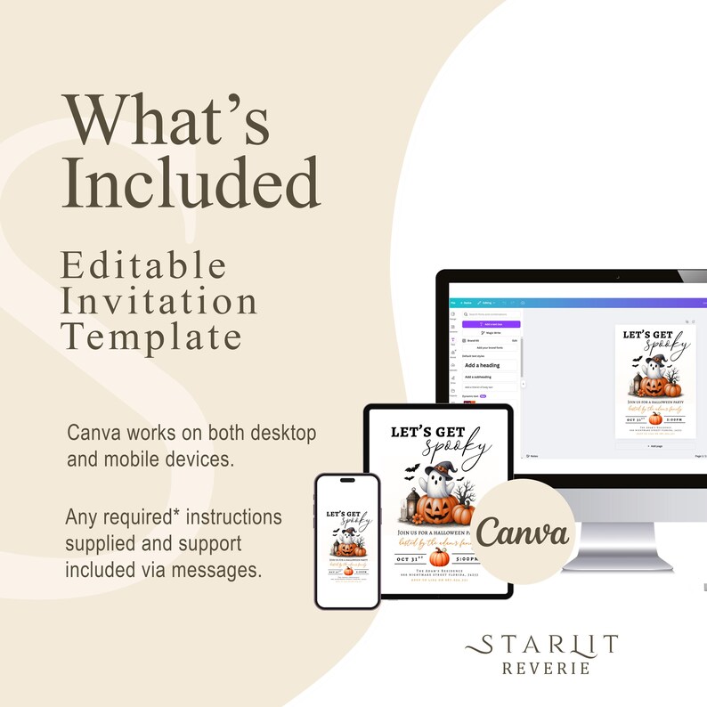May include: A digital invitation template for Halloween, displayed on a computer, tablet, and smartphone. The design features a ghost, pumpkins, and the text "LET'S GET Spooky". The template is editable in Canva and includes instructions and support.