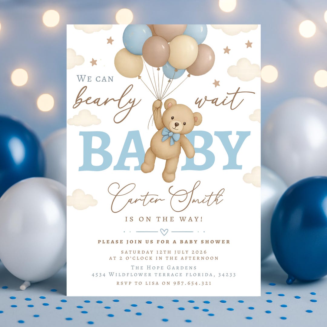 We Can Bearly Wait Blue Bear Baby Shower Invitation for Boys Editable ...