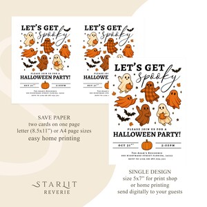 Pu&ograve; includere: Inviti per feste di Halloween con la scritta "LET'S GET SPOOKY" e illustrazioni di fantasmi, pipistrelli e zucche. Gli inviti sono disponibili in due misure, tra cui un design singolo di 12,7 cm x 17,8 cm.