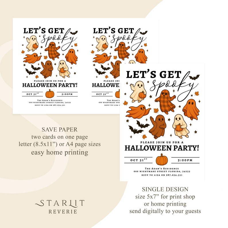 Pu&ograve; includere: Inviti per feste di Halloween con la scritta "LET'S GET SPOOKY" e illustrazioni di fantasmi, pipistrelli e zucche. Gli inviti sono disponibili in due misure, tra cui un design singolo di 12,7 cm x 17,8 cm.
