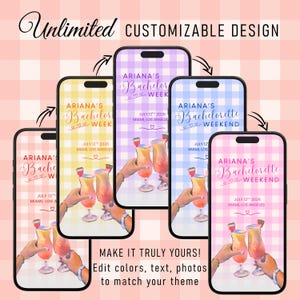 May include: Four customizable phone case designs for a bachelorette party. Each case features a gingham pattern in different colors, a pair of hands holding up two cocktails, and the text "Ariana's Bachelorette Weekend" or "Ariana's Bachelor Week" with the date and location.