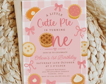 Cutie Pie First Birthday Invitation, A Little Cutie Pie is Turning One, 1st invite, Fall, Pink Bow, Pie, Canva Instant Editable Template