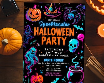 Editable Neon Halloween Party Invite, Glow, Template, Halloween Invitation, Halloween Spooky Party Invite, Fright Night, Instant Download