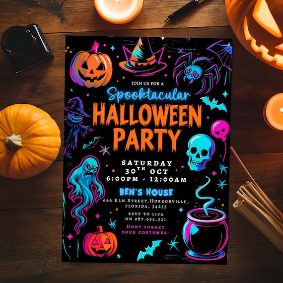 Editable Neon Halloween Party Invite, Glow, Template, Halloween Invitation, Halloween Spooky Party Invite, Fright Night, Instant Download
