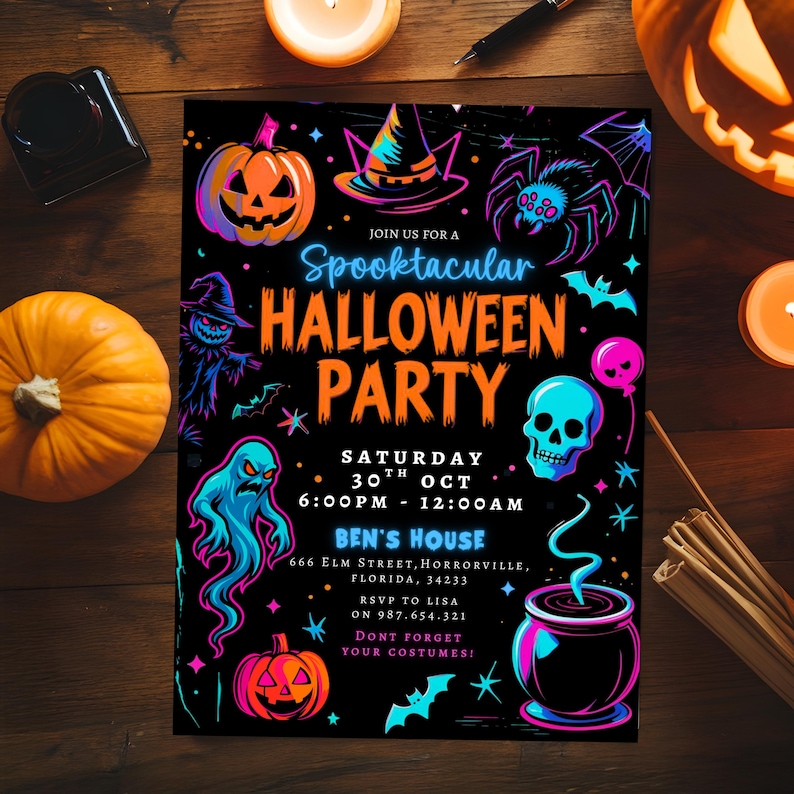 Editable Neon Halloween Party Invite, Glow, Template, Halloween Invitation, Halloween Spooky Party Invite, Fright Night, Instant Download