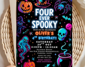 Editable Neon Halloween Fourth Birthday Party Invite, Glow, Template, Four Ever Spooky, 4th Halloween Spooky Party Invite, Instant Download