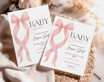May include: Two pink and white baby shower invitations with a pink watercolor bow on each. The text on the invitations reads "Baby Shower" and "Please join us in honor of Jessica Short".