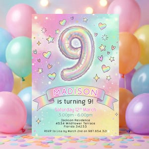 May include: A colorful birthday invitation with a large number 9 balloon. The invitation reads "MADISON is turning 9!" with event details. Pastel balloons and confetti surround the invitation, creating a festive atmosphere.