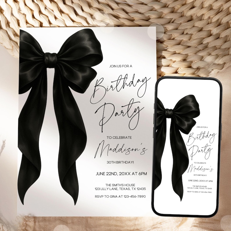 Modèle d'invitation d'anniversaire modifiable, invitation du 30e anniversaire de la femme, invitation d'arc noir, invitation modifiable du 30e, 40e, 30, 20e, invitation électronique de tout âge image 1