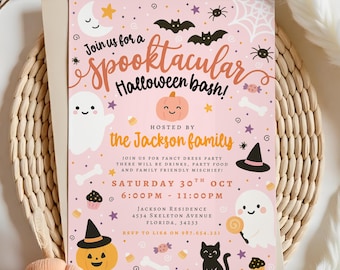 May include: A pink Halloween party invitation with the text "Join us for a Spooktacular Halloween bash!" and details. The design includes bats, ghosts, pumpkins, and a black cat. The invitation is hosted by the Jackson family.