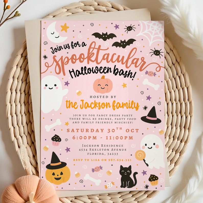 May include: A pink Halloween party invitation with the text "Join us for a Spooktacular Halloween bash!" and details. The design includes bats, ghosts, pumpkins, and a black cat. The invitation is hosted by the Jackson family.