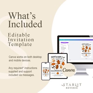 Pu&ograve; includere: Un modello di invito digitale per una festa di Halloween, visualizzato su un computer desktop, un tablet e uno smartphone. Il design presenta fantasmi, pipistrelli e zucche dei cartoni animati arancioni e marroni. Il testo recita "Let's Get Spooky" e "Halloween Party!"