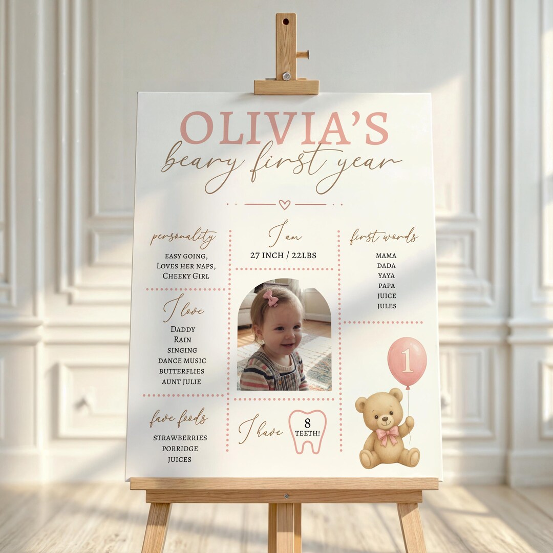 Beary First Year Teddy Bear Birthday Milestone Board Editable Poster ...