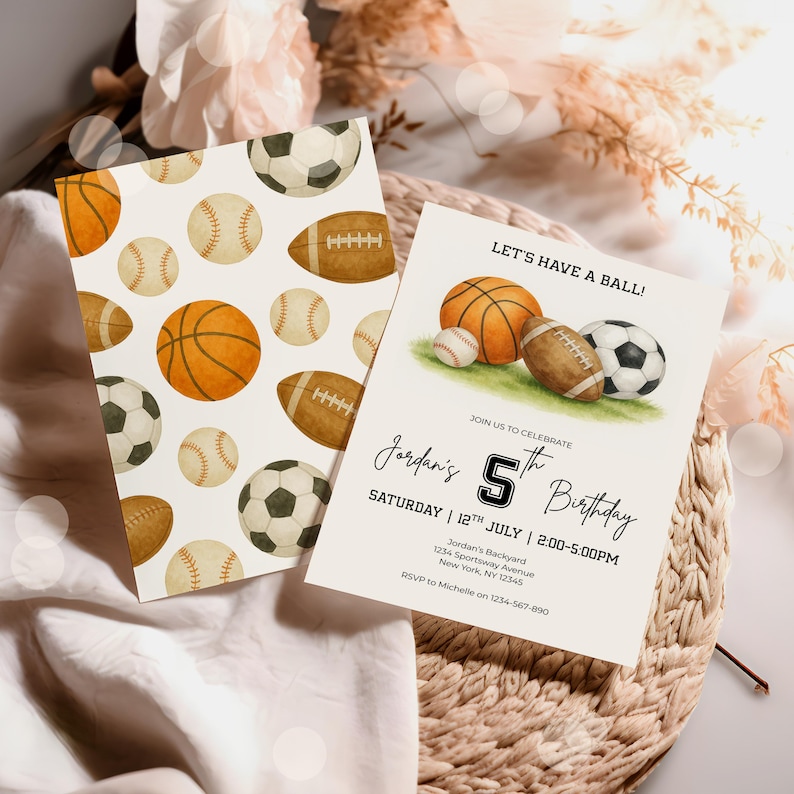 May include: Two invitation cards with a sports theme. One card features a pattern of basketballs, baseballs, soccer balls, and footballs. The other card says "Let's Have a Ball!" and includes a basketball, baseball, football, and soccer ball.