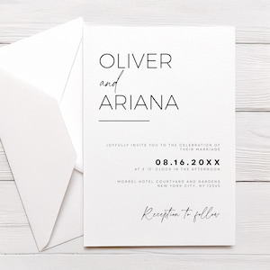 May include: A wedding invitation with a simple, modern design. The invitation features the names "Oliver and Ariana" in black text on a white background. The date of the wedding is listed as "08.16.20XX" and the time is "3 o'clock in the afternoon". The location is listed as "Morrel Hotel Courtyard and Gardens, New York City, NY 12345". The invitation also includes the text "Reception to follow".