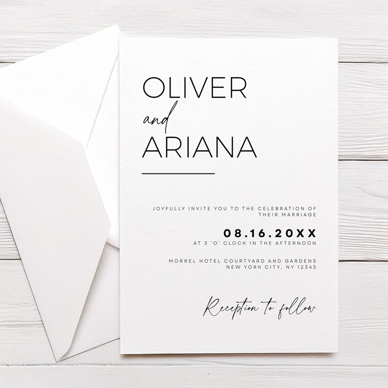 May include: A wedding invitation with a simple, modern design. The invitation features the names "Oliver and Ariana" in black text on a white background. The date of the wedding is listed as "08.16.20XX" and the time is "3 o'clock in the afternoon". The location is listed as "Morrel Hotel Courtyard and Gardens, New York City, NY 12345". The invitation also includes the text "Reception to follow".
