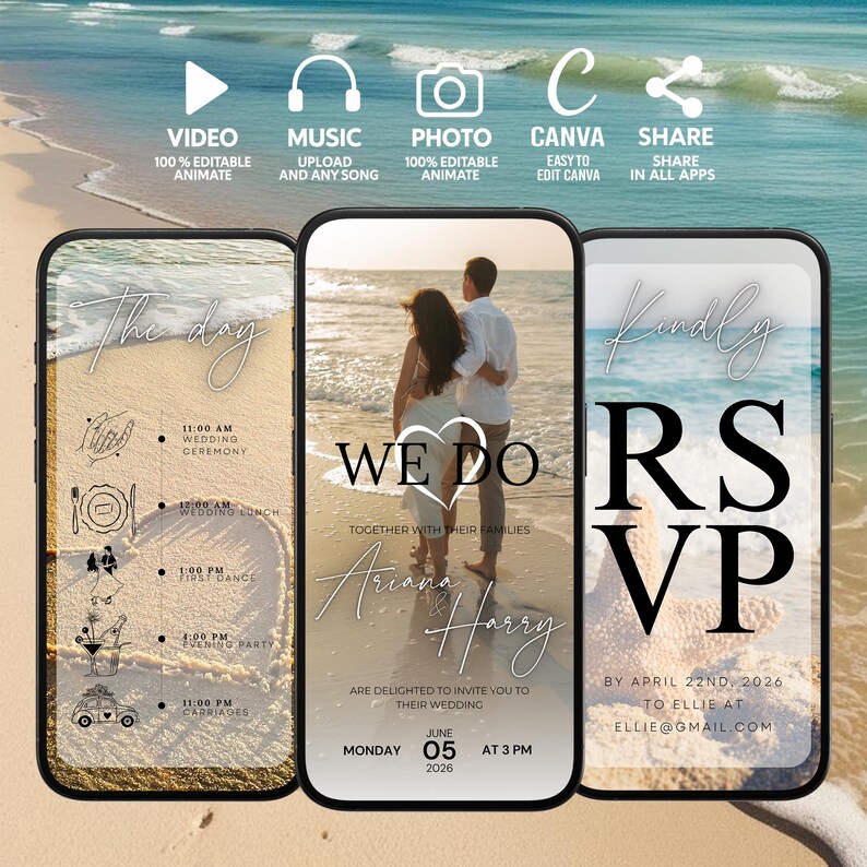 Op de afbeelding: Een digitale huwelijksuitnodiging met een strandthema. De uitnodiging toont een stel dat op een strand staat met de woorden "We Do" en hun namen, Ariana en Harry. De uitnodiging bevat ook de datum en tijd van de bruiloft, evenals een verzoek om RSVP v&oacute;&oacute;r 22 april 2026.