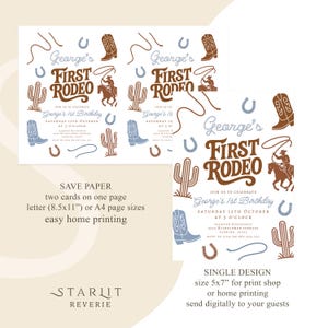 May include: Two invitation designs for a first birthday party with a rodeo theme. The design includes cowboy boots, cacti, horseshoes, and a cowboy roping a horse. The text reads "George's First Rodeo".