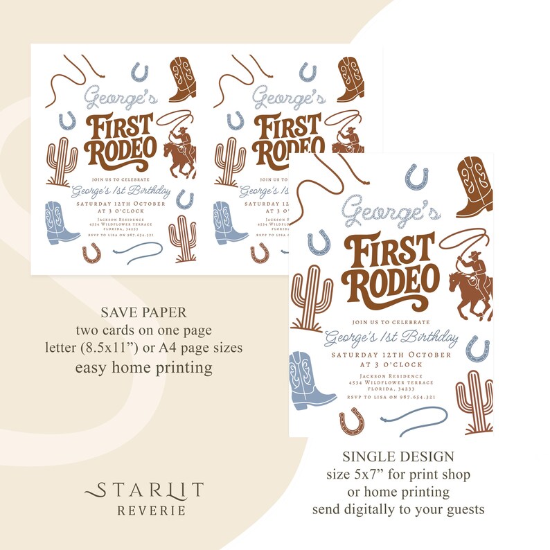 May include: Two invitation designs for a first birthday party with a rodeo theme. The design includes cowboy boots, cacti, horseshoes, and a cowboy roping a horse. The text reads "George's First Rodeo".