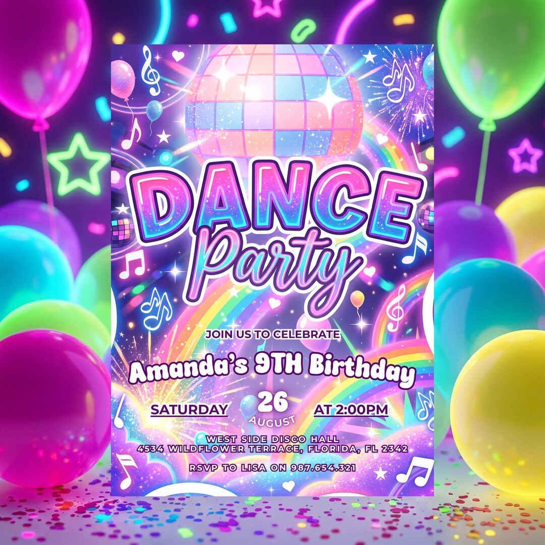 Dance Party Birthday Invitation Pastel Neon Disco Editable Template - Etsy