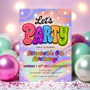 Plantilla de invitación para fiesta de cumpleaños arcoíris, invitación retro colorida, invitaciones para fiesta de niña, invitación digital, lentejuelas, plantilla editable de Canva