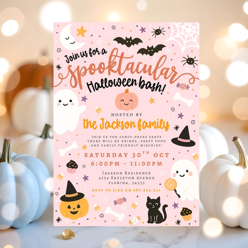 May include: A pink Halloween party invitation with the text "Spooktacular Halloween bash!" and various Halloween-themed illustrations, including ghosts, bats, and pumpkins. The invitation includes the date, time, and location of the party.