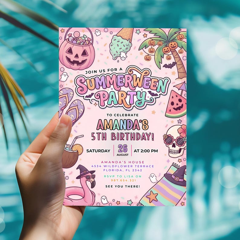 Summerween-verjaardagsuitnodiging zwembadfeestuitnodiging bewerkbare sjabloon Canva afbeelding 6