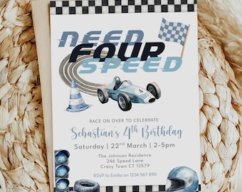 Need Four Speed Birthday Invitation, Need 4 Speed, Race Car Invite, 4th Birthday, Racer Boys Blue, Canva Editable Template, Instant Download