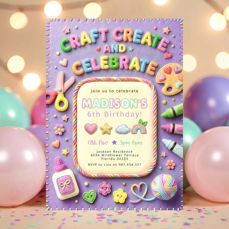 Plantilla de invitación para fiesta de cumpleaños con temática de manualidades y manualidades para niñas en tonos pastel. imagen 6