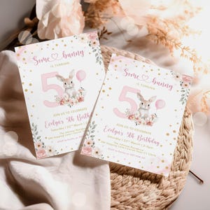 May include: Two pink and white birthday invitations with the text "Some bunny is turning 5". Each card features a bunny illustration, floral accents, and event details. Gold star confetti decorates the background.