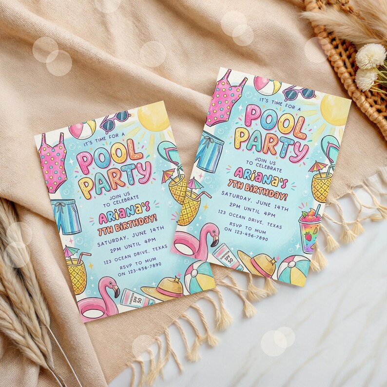 Pool Party Birthday Invitation Girls Hand Drawn Pastel Summer Invite ...