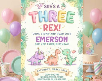 Three Rex Dinosaur 3rd Birthday Invitation Girl Editable Pastel Dino