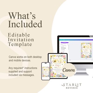 May include: An invitation template displayed on a computer, tablet, and phone. The invitation design features floral elements and a bee theme. The text includes "What's Included", "Editable Invitation Template", and "Canva".