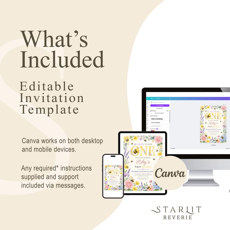 May include: An invitation template displayed on a computer, tablet, and phone. The invitation design features floral elements and a bee theme. The text includes "What's Included", "Editable Invitation Template", and "Canva".