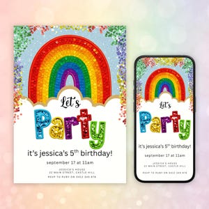 Plantilla de invitación para fiesta de cumpleaños con lentejuelas arcoíris, invitación con purpurina colorida, invitaciones para fiesta de niña, invitación digital, plantilla editable de Canva