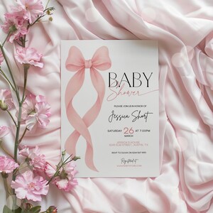 Pink Bow Baby Shower Invitation Template Printable, Baby Girl, Pink Coquette Baby Shower Invite, Baby Shower Invitation baby girl, Canva