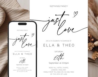 May include: A wedding invitation with a minimalist design. The invitation features the text "Nothing Fancy, Just Love" in a handwritten font. The invitation is for the wedding of Ella and Theo, taking place on Saturday, September 26th at 2:00pm at Rose Hill Hotel Chapel in London, England. The invitation requests RSVP to Linda by June 29th.